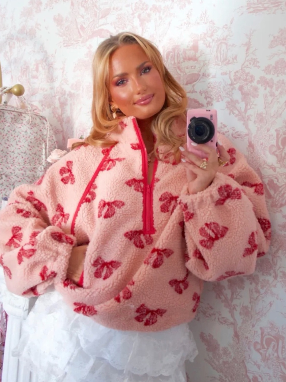 Talulah Pink Bow Print Sherpa Pullover